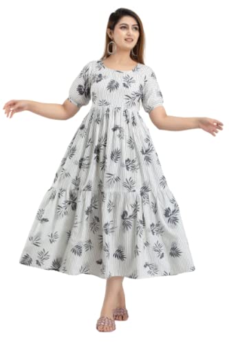 Kuruti B Sheets 100% Pure Cotton Stripe Leaf Printed Grey Color Anarkali Kurta (KR-PATILINE-Gry-M)