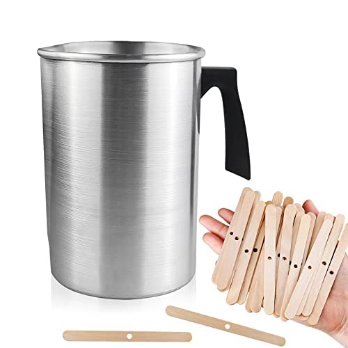 FOVNOT Schmelztopf 3L, Wachs Schmelztopf Tropffreier Gießkrug Kerzen Selber Machen Topf Hitzebeständiger Griff Waxing Set Topf Waxingbecher mit 50 Stück Holzkerzendochthalter