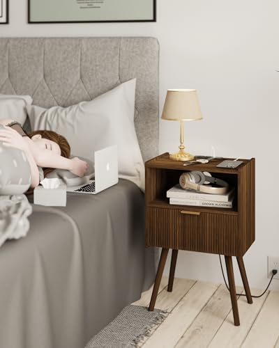 Image of JOONEE Nightstand with Outlet,Modern Bedside Table with Storage Drawer and Open Wood Shelf, for Living Room, Bedroom and Small Spaces, Accent Night Stand with Solid Wood Legs, Easy Assembly,Brown
