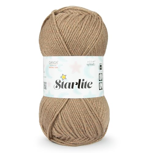 Image of Ganga Acrowools Acrylic Starlite, 99% Anti Pill Yarn 1% Metal, Hand Knitting Yarn Oekotex Class1 Certified (Stl015 - Beige), 100 Gram