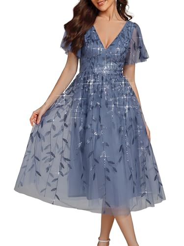 Ever-Pretty Women's Elegant A Line Embroidery Short Sleeves Midi Sequin Formal Cocktail Wedding Guest Dress 02230