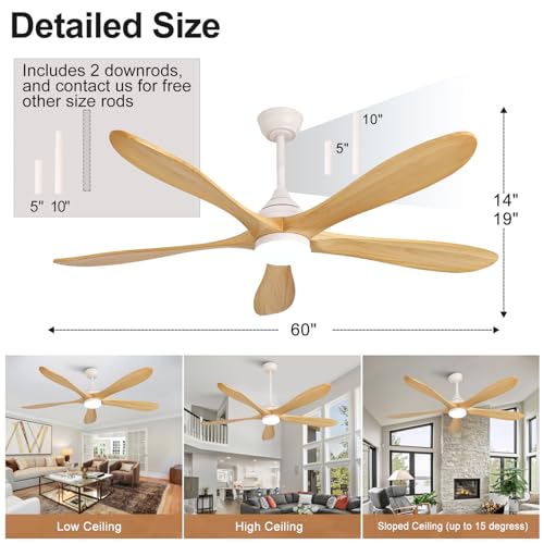 Image of OKDNEG 60 Inch Ceiling Fans with Lights and Remote, 5 Wood Fan Blades Ceiling Fan,3CCT Dimmable,Timer,Quiet DC Motor,6 Speed,Indoor Outdoor Ceiling Fan for Offices Farmhouse Gazebo Patio
