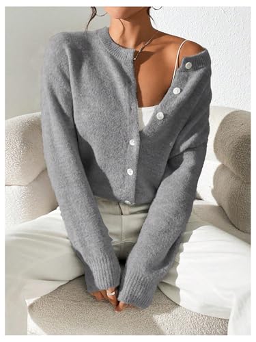 Image of SweatyRocks Women's Fall Button Down Lightweight Cardigan Ribbed Knit Long Sleeve Crew Neck Sweater