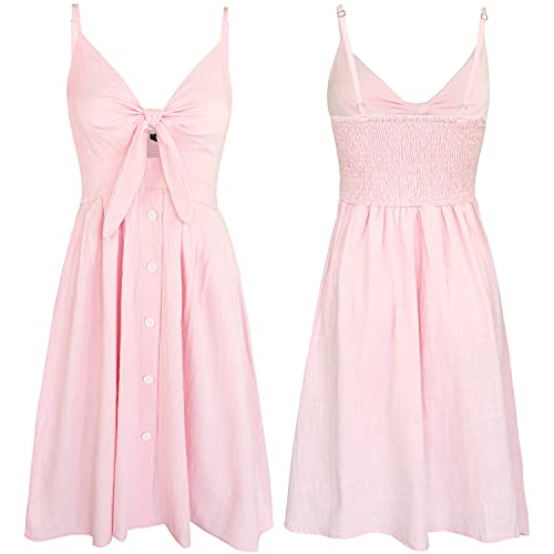 Image of FANCYINN Womens Tie Front Button Down A-Line Dresses Summer Spaghetti Strap Midi Dress Floral Prints