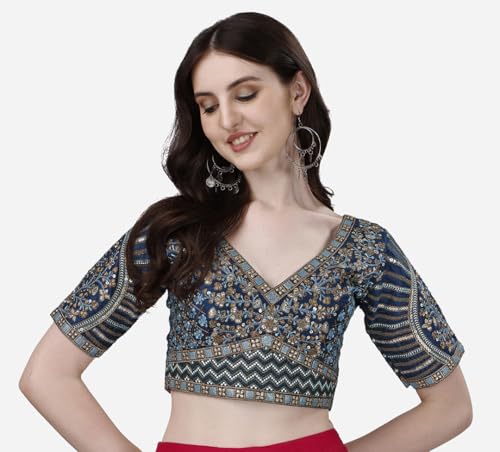 Image of Pujia Mills Mills Women's Fancy Readymade Heavy Coding Embroidary Worked Half Sleeve Multicolor Saree Blouse(Mushroom)
