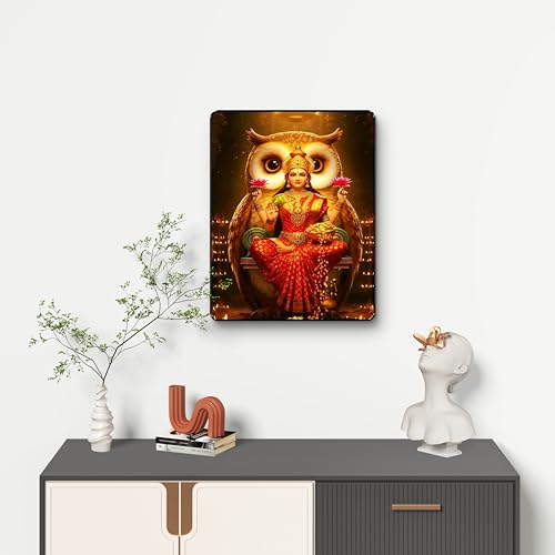 Image of SAF Goddess Lakshmi with Owl Wall Painting Black Framed Sparkle Lamination Vastu Positive Energy Wealth Art for Home Temple Office Living Room Entrance Wall Decor (14 Inch x 11 Inch) K-36109