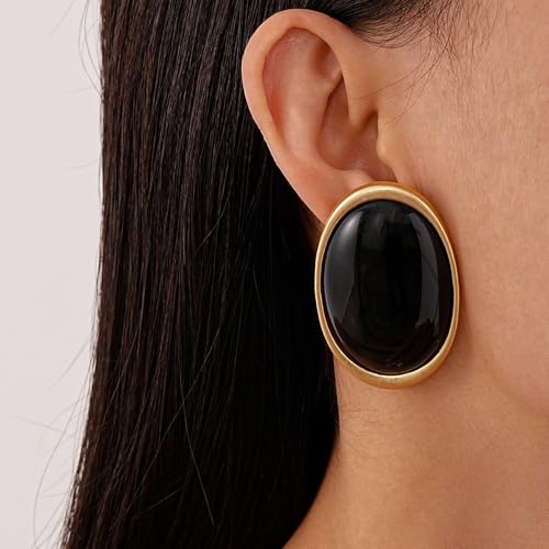 Chunky Statement Earrings for Women,Vintage Black Oval Large Dangle Earrings Gold Geometric Studs Earring,Simple Everyday Jewelry Accessories Gifts3