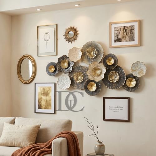 Image of THE DECOR COMPANY Large 3D Metal Wall Art for Living Room, Luxury Floral Wall Decor for Sofa Back Wall, Modern Gold Black Wall Hanging Showpiece for Hall, Drawing Room, Bedroom and Dining Area