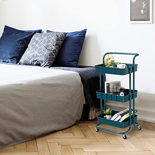 Danpinera 3 Tier Rolling Utility Cart With Hooks & Handle Storage Organization Shelves Coffee Bar Cart Service Cart Trolley For Kitchen, Bathroom, Office, Workshop (Dark Blue) #TOP6
