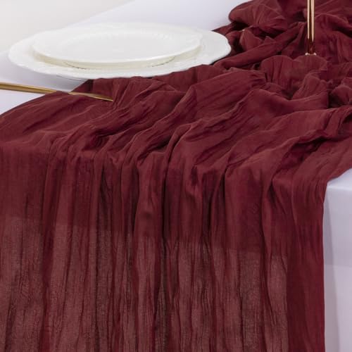 Image of Socomi Burgundy Red Summer Table Runner Cheesecloth Boho Rustic Gauze 120 inch 10FT Cheese Cloth Sheer Runner for Wedding Party Baby Shower Birthday Home Decor Holiday Decorations