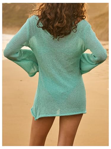 Women's Off Shoulder Knit Beach Dress See Through Long Sleeve Swimsuit Coverups Dresses Beachwear3