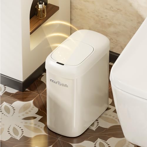 Image of MRBIN Motion Sensor Adsorption Bag Bathroom Trash Can with Lid and Wheels, 10L /2.6gal Automatic Waste Basket Slim Electric Metal Garbage Bin for Office, Bedroom, Rv, Cream White
