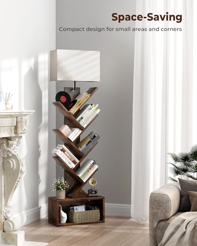 Image of Evermagin 6 Tier Tree Bookshelf with Smart Light, Small Bookcase Tower with Remote Control, Tall Floor Standing Book Organizer for Living Room, Bedroom & Home Office, Rustic Brown