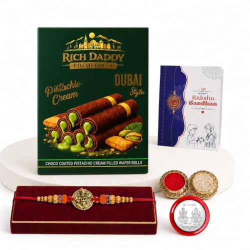 Image of DeoDap Rakhi with Chocolate for Brother - Golden Color Round Ganesha Style Rakhi with Pistachio Cream Cigar Rolls, Silver Color Coin, Greeting Card & Tilak Set - Raksha Bandhan Pack (k1 1130 CG-P)
