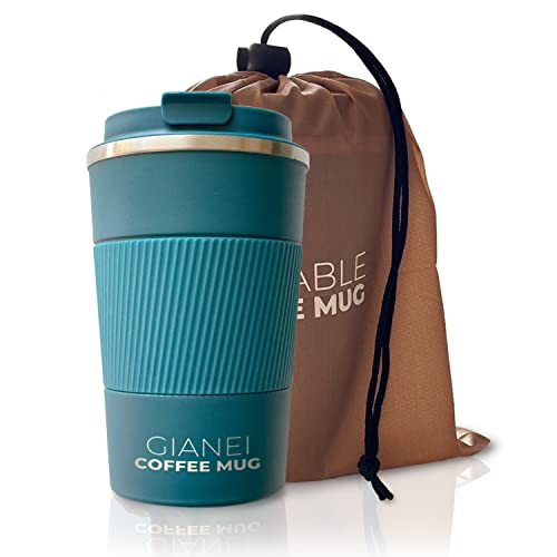 Gianei mug isotherme cafe etanche - Tasse thermo, thermos cafe isotherme en acier inoxydable, mug isotherme etanche, mug thermos cafe à double isolation, thermos isolé 380ml avec sac de transport