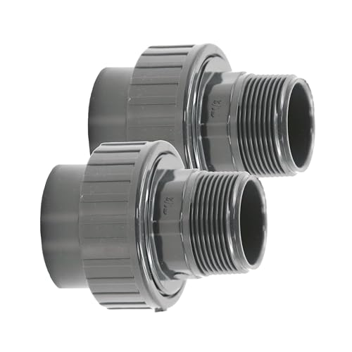 HAF® Accesorios de PVC con manguito adhesivo de 50 mm x rosca exterior de 1 1/2', conexión de PVC gris, adecuado para tuberías de piscina y mucho más...Calidad: fabricado en Europa, cantidad: 2