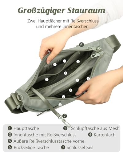 BITUOR Cossbody Bag Damen & Herren Medium 8.2L Umhängetasche im Halbmond Style Halbrunde Schultertasche Casual schultertasche für Reisen Arbeit Freizeit,Doppelte Anti-Diebstahl Wasserabweisend Design
