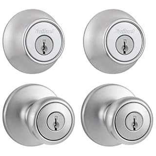 Kwikset Tylo Front Door Knob and Deadbolt Set, Entry Knob Combo Project Pack Exterior with Interior Door Knob, Satin Chrome, Pick Resistant SmartKey Rekey Deadbolt Security
