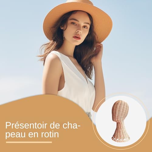 Support perruque et chapeau porte-chapeaux rotin avec base de table - 3