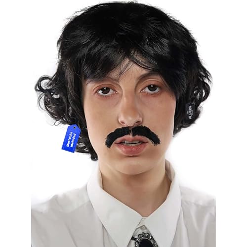 ALLAURA Vote Pedro Wig | Black Wig + Fake Mustache | 70s Shag Beatles Sonny Halloween Costume | Pablo Compatible