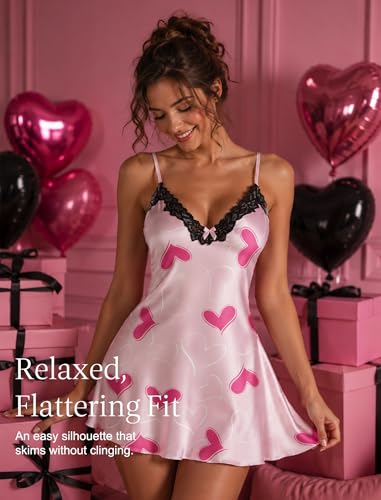 Image of Girece Sexy Night Gowns for Woman Silk Nightgown Lace Trim Sleep Dress Babydoll Lingerie Satin Nighty Negligee