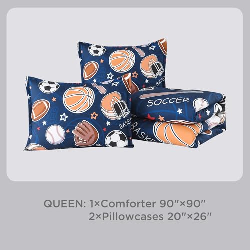 Image of Andency Soccer Basketball Baseball Football Comforter Set Queen(90 inchx90 inch), Sport Polyester Bedding Set for Boys Girls Kids Teens, Cartoon Ball Games Comforter 3 Pieces(1 Comforter, 2 Pillowcases)