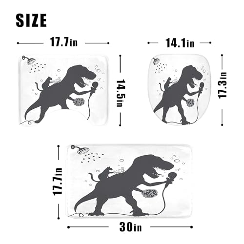 Image of 4PCS Kids Funny Dinosaur 71Wx71H Inches Boys Men Dino Cat Animal Shadow Shower Curtain Sets with Rugs, Toilet Lid Cover and Bath Mat, Cute Bath Accessories Art Home Decor Fabric 12 Pack Hooks