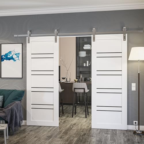 Image of Sartodoors Sliding Interior Door 1094 Double Barn Doors White with Black Opaque Glass Solid MDF Modern Design 64 x 96 in