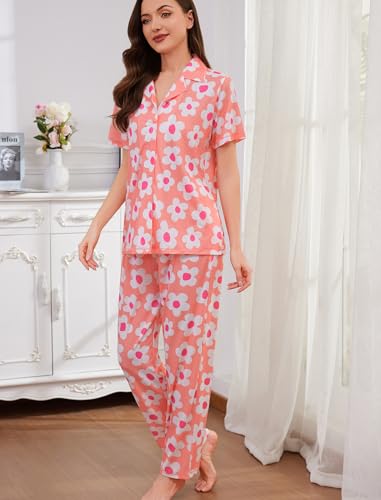 Image of SWOMOG Women Pajama Sets Two-Piece Nightwear Short Sleeve Sleepwear Button Down Pj Lounge Sets with Long Pants