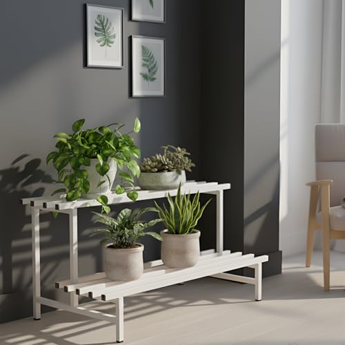 Image of Pivalo 2-Tier Metal Square Tube Plant Stand - Heavy-Duty Iron Pot Stand for Balcony, Home Decor, Indoor & Outdoor Use (White)