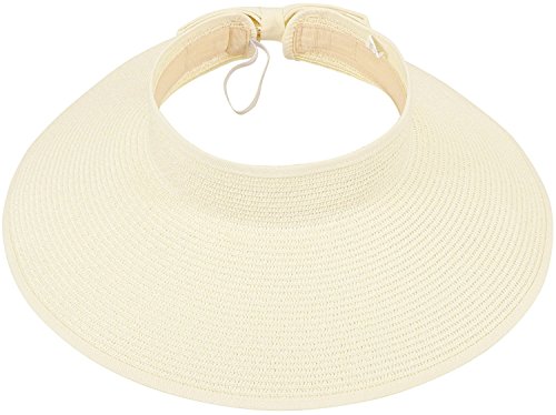 Simplicity Women Travel Straw hat w/ Wide Brim Roll-up Sun Visor, Ivory