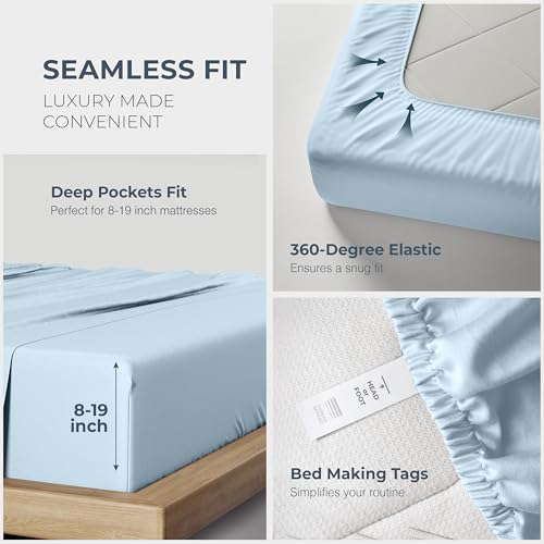 Image of THREAD SPREAD 100% Egyptian Cotton Sheets Queen Size - Luxury 1500 Series Queen Sheet Set Egyptian Cotton (4 PC, Light Blue), Silky Soft, Sateen Weave, Cooling & Breathable, 17 inch Deep Pocket Bed Set