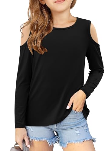 storeofbaby Girls Casual Cold Shoulder Shirts Long Sleeve Crewneck Tops Loose Fit Blouses 5-14 Years