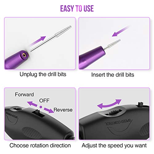 SKYMORE Professional Electric Nail Drill Set, Portable USB Nail File Manicure & Pedicure Tools, 11 in 1 Acrylic Finger Toe Nail Care Kit, 16 Sanding Bands and 1 Nail Clipper (PURPLE)