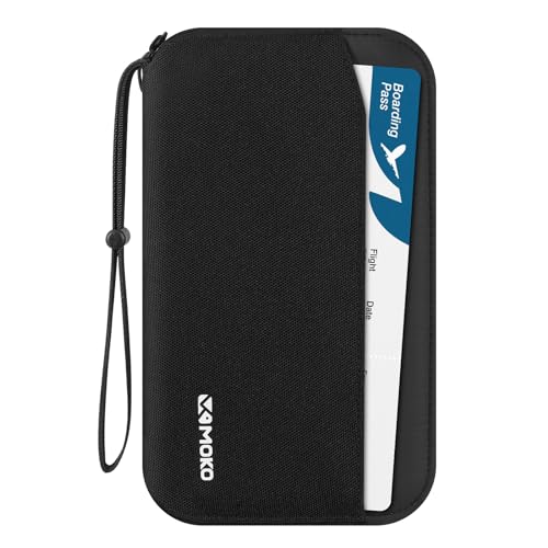 MoKo Capa de passaporte, porta-documentos com bloqueio RFID, porta-passaporte viagem com vários compartimentos, organizador de documentos para cartão de crédito, cartão de identificação, bilhete,
