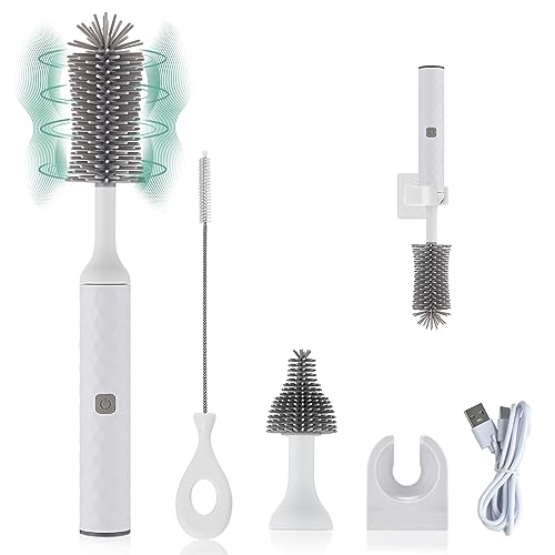 Image of WHNL Rechargeable Electric Bottle Brush Cleaner Set with 3 Piece Silicone Baby Bottle Brush Cleaner and Straw Cleaner Brush,BPA Free,Waterproof,Perfect Baby Registry Gift,White
