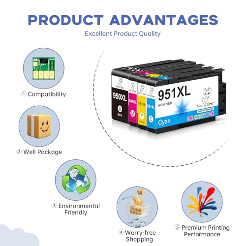 Image of Miss Deer 950 951 Ink Cartridges Combo Pack, Compatible Replacement Ink for HP 950XL 951XL Work for Officejet Pro 8610 8600 8620 8630 8640 8100 8615 251dw 271dw 276dw,3 Sets