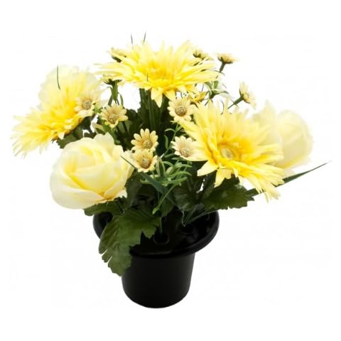 ARTIFICIAL YELLOW ROSE GERBERA AND DAISY GRAVE VASE INSERT POT MEMORIAL Cover