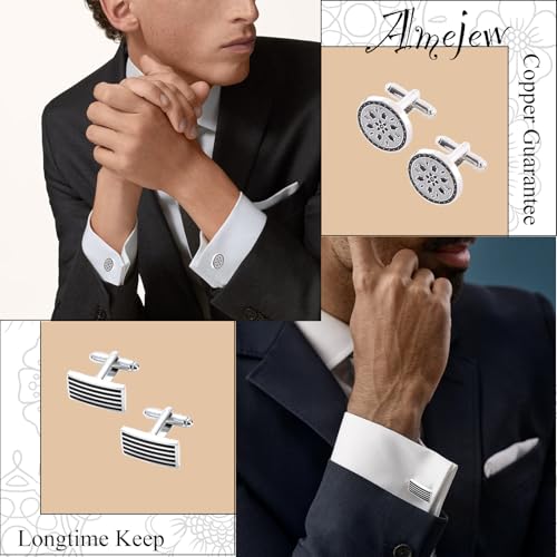 12 Pairs Cufflinks for Men Classic Tone Cuff Links Black Silver Striped Disc Square Rectangle Cuff Links Shirt Suit Men’s Cufflinks For Wedding Groom Business Elegant Gift2