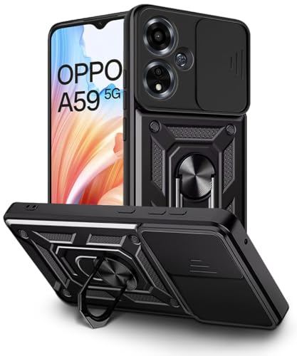 Image of WOW IMAGINE Tough Armor Bumper Mobile Back Case for Oppo A59 5G | Sliding Camera Shield Cover | Shock Proof 360 Protection | Hybrid PC + TPU | Ring Holder with Kickstand - Black