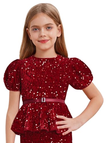 Kids Girls Sparkly Peplum Tops Short Sleeve Sequin Dressy Blouses Party Glitter Velvet Shirts3