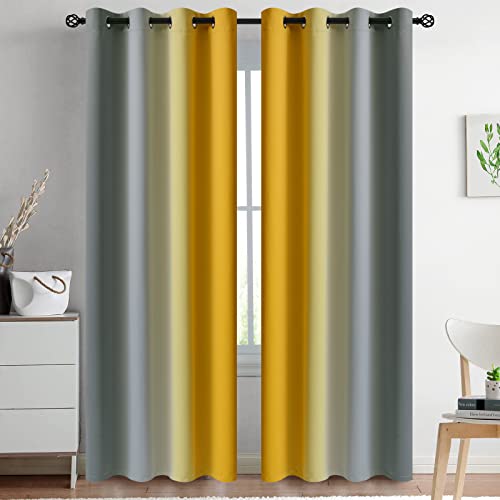 Yakamok Lot de 2 Rideaux occultants pour Chambre à Coucher - Dégradé de Couleur Jaune et Gris - 213,4 cm de Long - Isolation Thermique - Œillets bloquant...
