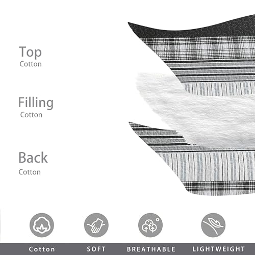 Image of Homzard 100% Cotton Quilt Set,California King 118'' x 106'' Oversized Bedspread Set with 2 Pillow Shams, Black Plaid Striped Oversized Comforter Set, 3 Pieces Farmhouse Coverlet | Breathable