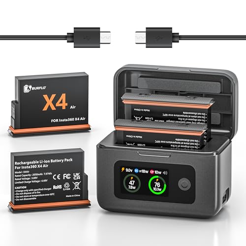 Burflo 2-Pack 2050mAh Replacement Batteries for Insta360 X4 Air with 20W Dual Fast Charging Case LCD Display Shows Battery SOC