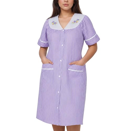 Image of Women's Short Sleeve Woven Snap-Front Closure Striped Embroidery Housecoat Duster Nightgown with Front Pockets