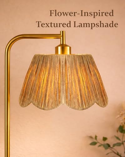 Image of JOOFO Boho Brushed Gold Floor Lamp with Remote, Flower-Inspired Shade | Pre-Assembled Shade, Stepless Dimming, 3 Color Temperatures, LED Bulb Included, Ambient Lighting for Living Room & Bedroom