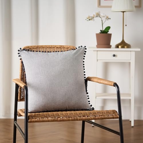 Image of 100% Cotton Pom Pom Cushion Without Filler, Elegant & Modern Cushion Cover for Living Room, Square Shape, 20 inchx20 inch, uni Chambray, Set of 4 - Charcoal Grey