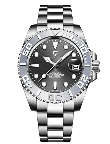 Pagani Design Herrenuhr Automatik Wasserdicht 100M Mechanische Uhren Keramiklünette Edelstahl Herren Taucheruhr Saphirglas Armbanduhr für Männer (Weiß Grau)