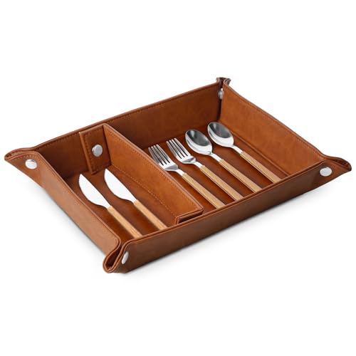 EOFJRUC Organizador de bandeja de piel sintética – Organizador de escritorio y organizador de mesita de noche, soporte para control remoto, bandeja de joyería, accesorios de escritorio de oficina para