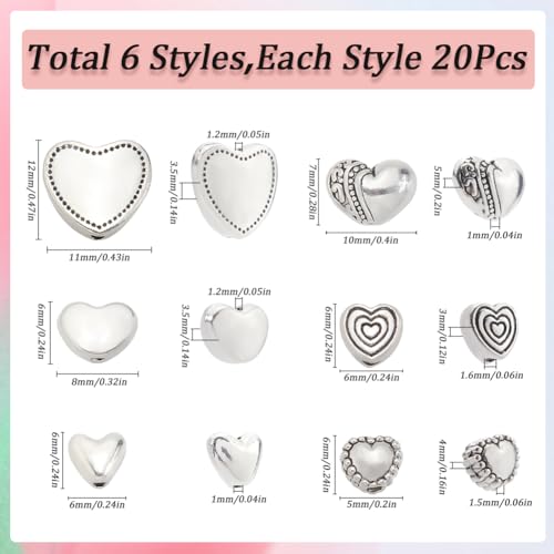 SOFPLATE 1 Box 120Pcs Antique Silver Heart Beads Heart Charm Spacer Bead Metal Alloy European Style Love Hearts Loose Spacer Beads for jewellery Making Bracelets Earrings Crafts Valentines Day Gifts - Image 2
